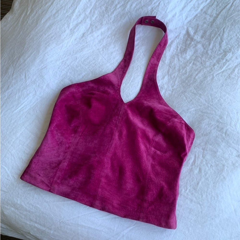 Vintage Cache Suede Leather Halter V Neck Bustier Corset Top Magenta Purple Pink - Picture 2 of 7